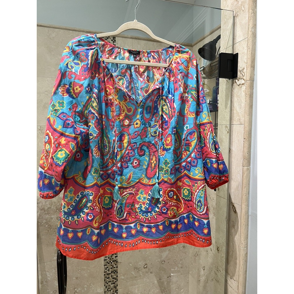 Talbots Womens 2XP Blouse Pink Blue Paisley Tassel Pullover 3/4 Sleeve Tunic Top